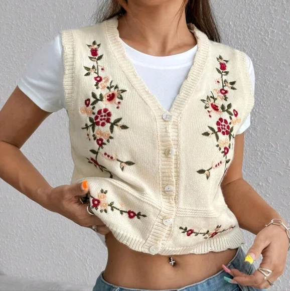 Sweet Casual Embroidered Vest, Versatile Style - Picture 4 of 4